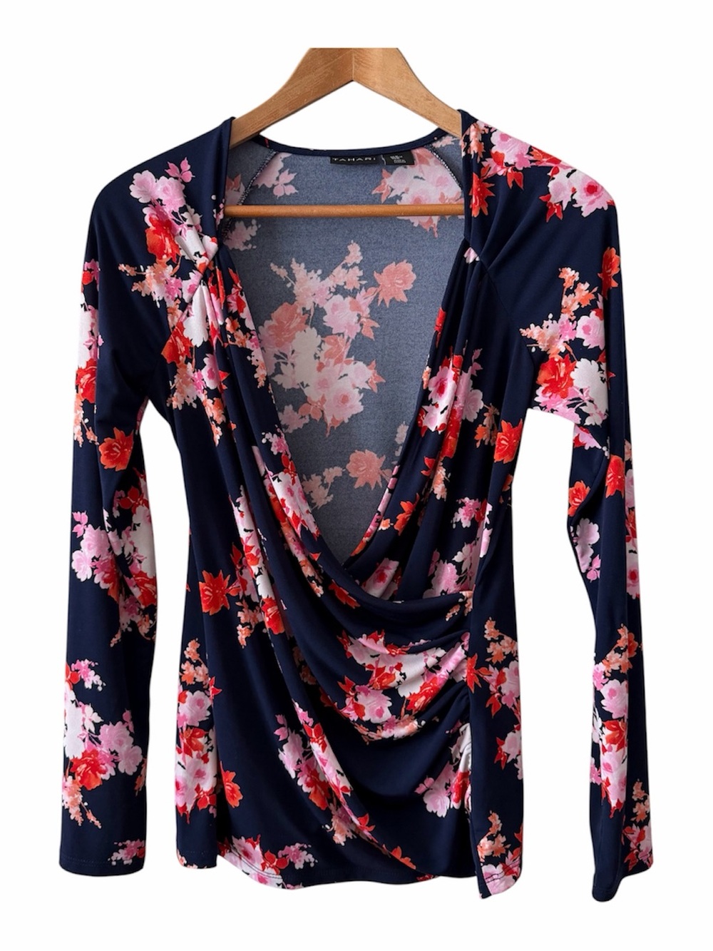 Tahari Woman’s Draped Floral V-Neck Long Sleeve Top - Navy/Pink/Red size Medium